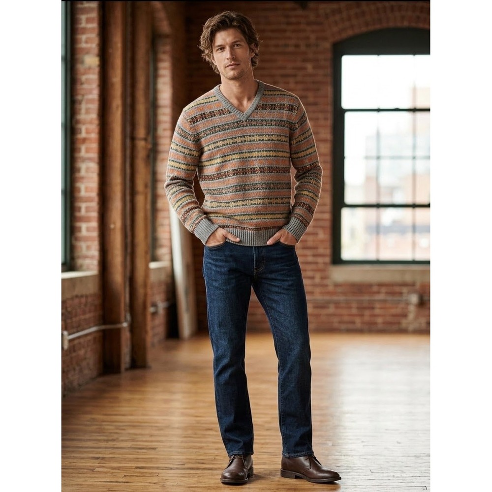 J.Crew Vintage Mens Fair Isle V-Neck Sweater 100% Lambswool Grey Multi Color Lg
